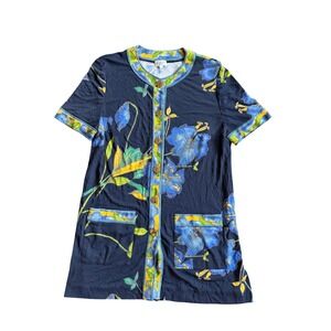 Luisa Spagnoli Italian Tunic Women M Navy Blue Floral Button Front Short Sleeve